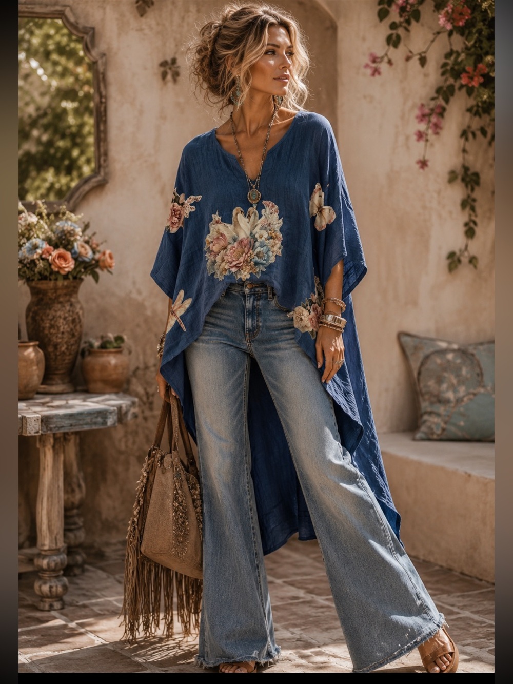 Boho Floral Embroidered V-Neck Tunic - Navy